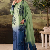 NUREH-3PC SHAMOZE SILK UNSTITCEHD PRINTED EMBROIDERED SHIRT WITH SOFT SILK PRINTED EMB DUPATTA & TROUSER BIC-11736