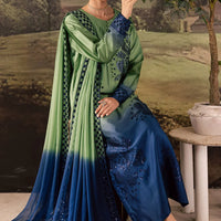 NUREH-3PC SHAMOZE SILK UNSTITCEHD PRINTED EMBROIDERED SHIRT WITH SOFT SILK PRINTED EMB DUPATTA & TROUSER BIC-11736