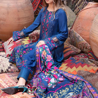MARIA B - 3PC DHANAK EMBROIDERED SHIRT WITH COUTRAI PRINT SHAWL AND TROUSER - 14075