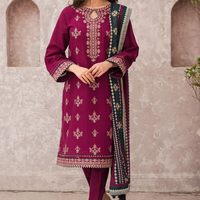 JAZMIN 3PC DHANAK EMBROIDERED SHIRT WITH COURTRAIWOOL PRINT SHAWL-4015