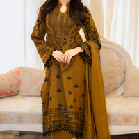 LIBAAS-3PC DHANAK EMBROIDERED SHIRT WITH DHANAK EMBROIDERED SHAWL & EMB TROUSER-BIC - 4183