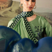 NUREH-3PC SHAMOZE SILK UNSTITCEHD PRINTED EMBROIDERED SHIRT WITH SOFT SILK PRINTED EMB DUPATTA & TROUSER BIC-11736