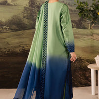 NUREH-3PC SHAMOZE SILK UNSTITCEHD PRINTED EMBROIDERED SHIRT WITH SOFT SILK PRINTED EMB DUPATTA & TROUSER BIC-11736