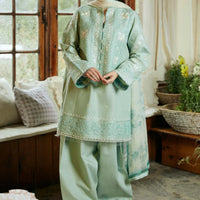 ZARA SHAHJAHAN-3PC DHANAK EMBROIDERED SHIRT WITH CORTRAI WOOL PRINTED SHAWL AND EMB TROUSER - 14112