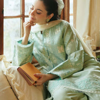 ZARA SHAHJAHAN-3PC DHANAK EMBROIDERED SHIRT WITH CORTRAI WOOL PRINTED SHAWL AND EMB TROUSER - 14112
