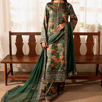 ZAINAB CHOTANI-3PC UNSTITCHED SHAMOZE SILK PRINTED EMBROIDERED SHIRT WITH SOFT SILK PRINTED EMB DUPATTA & EMB TROUSER -11722