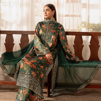 ZAINAB CHOTANI-3PC UNSTITCHED SHAMOZE SILK PRINTED EMBROIDERED SHIRT WITH SOFT SILK PRINTED EMB DUPATTA & EMB TROUSER -11722