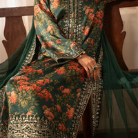 ZAINAB CHOTANI-3PC UNSTITCHED SHAMOZE SILK PRINTED EMBROIDERED SHIRT WITH SOFT SILK PRINTED EMB DUPATTA & EMB TROUSER -11722
