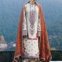 HUSSAIN REHAR-3PC DHANAK EMBROIDERED SHIRT WITH COURTRAI PRINTED SHAWL AND TROUSER-BIC-14260