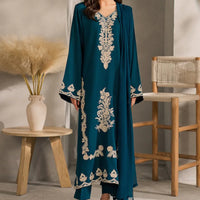 VINTAGE-3PC DHANAK EMBROIDERED SHIRT WITH BAMBER CHIFFON DUPATTA AND TROUSER-14259