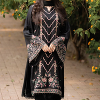 LIBAAS-3PC DHANAK EMBROIDERED SHIRT WITH DHANAK EMBROIDERED SHAWL & TROUSER-BIC-14346