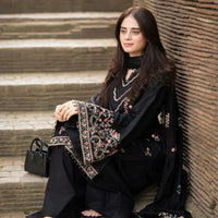 LIBAAS-3PC DHANAK EMBROIDERED SHIRT WITH DHANAK EMBROIDERED SHAWL & TROUSER-BIC-14346