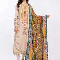 MARIA.B-3PC DHANAK EMBROIDERED SHIRT WITH COUTRAI PRINTED SHAWL AND TROUSER-14030