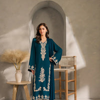 VINTAGE-3PC DHANAK EMBROIDERED SHIRT WITH BAMBER CHIFFON DUPATTA AND TROUSER-14259