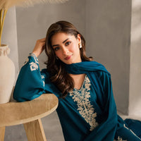 VINTAGE-3PC DHANAK EMBROIDERED SHIRT WITH BAMBER CHIFFON DUPATTA AND TROUSER-14259