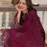 QALAMQAR-3PC DHANAK EMBROIDERED SHIRT WITH ORGANZA EMBROIDERED DUPATTA AND EMB TROUSER-14092