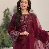 QALAMQAR-3PC DHANAK EMBROIDERED SHIRT WITH ORGANZA EMBROIDERED DUPATTA AND EMB TROUSER-14092
