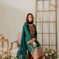 VINTAGE-3PC DHANAK EMBROIDERED SHIRT WITH BAMBER CHIFFON DUPATTA & TROUSER-4248