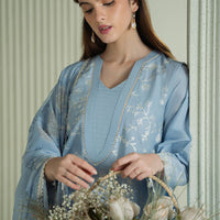 CROSS STITCH-3PC DHANAK EMBROIDERED SHIRT WITH COUTRAI PRINTED SHAWL AND TROUSER-14109