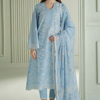 CROSS STITCH-3PC DHANAK EMBROIDERED SHIRT WITH COUTRAI PRINTED SHAWL AND TROUSER-14109