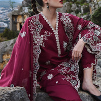 IMAGE-3PC DHANAK EMBROIDERED SHIRT WITH CHIFFON EMBROIDERED DUPATTA AND EMB TROUSER - 14113