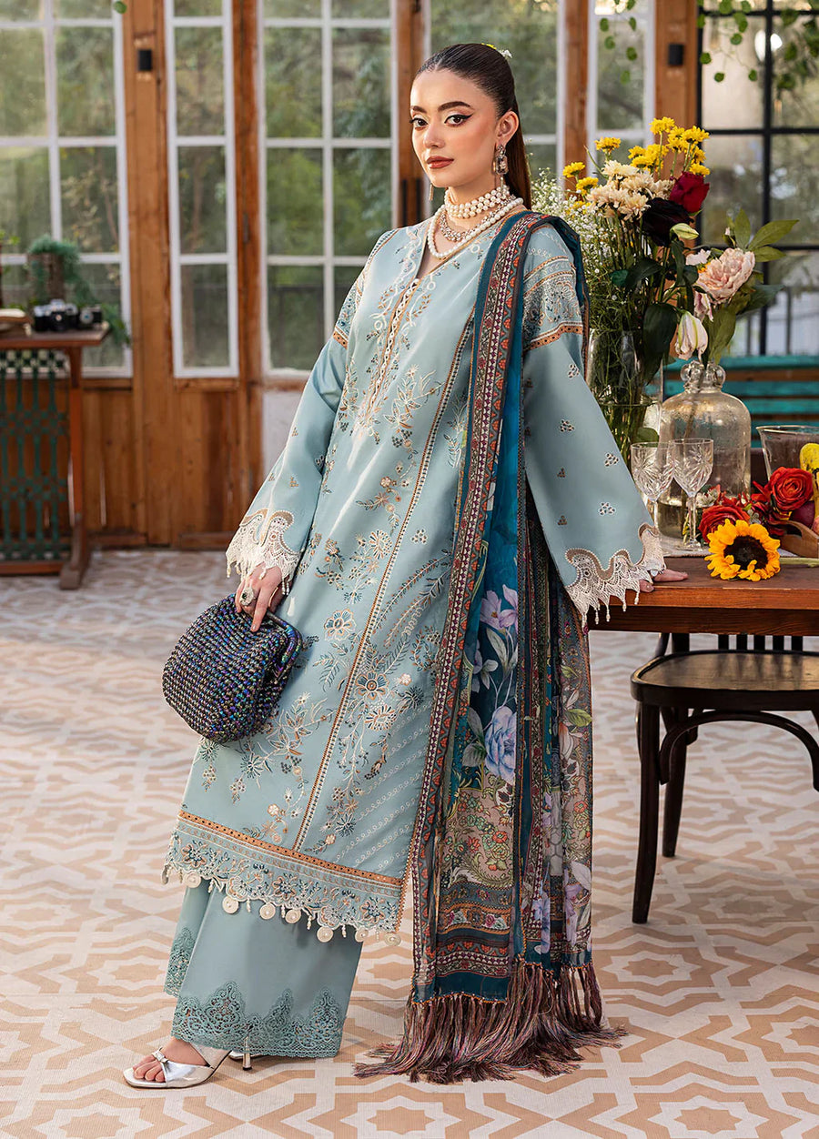 SAPPHIRE-3PC DHANAK EMBROIDERED SHIRT WITH COURTRAI PRINTED SHAWL AND TROUSER-14267