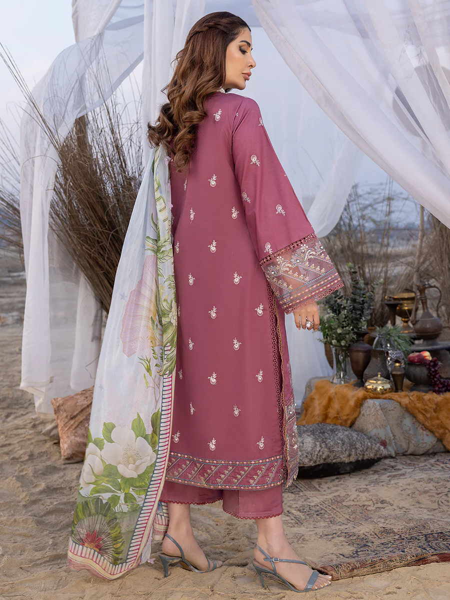 IZEL-3PC DHANAK EMBROIDERED SHIRT WITH COUTRAI PRINTED SHAWL AND TROUSER-NS-14051