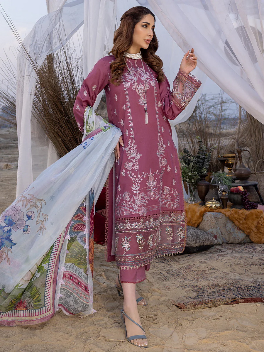 IZEL-3PC DHANAK EMBROIDERED SHIRT WITH COUTRAI PRINTED SHAWL AND TROUSER-NS-14051