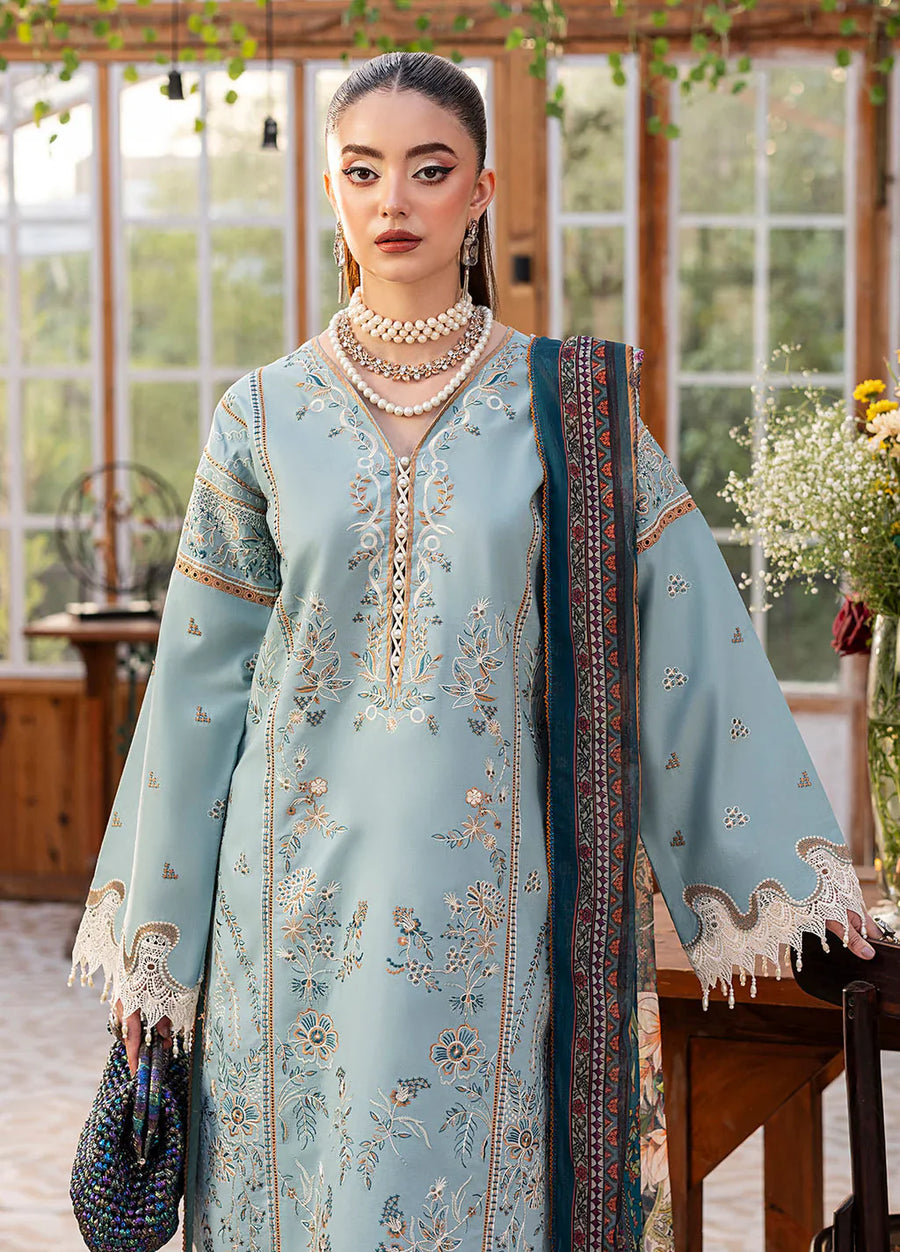 SAPPHIRE-3PC DHANAK EMBROIDERED SHIRT WITH COURTRAI PRINTED SHAWL AND TROUSER-14267