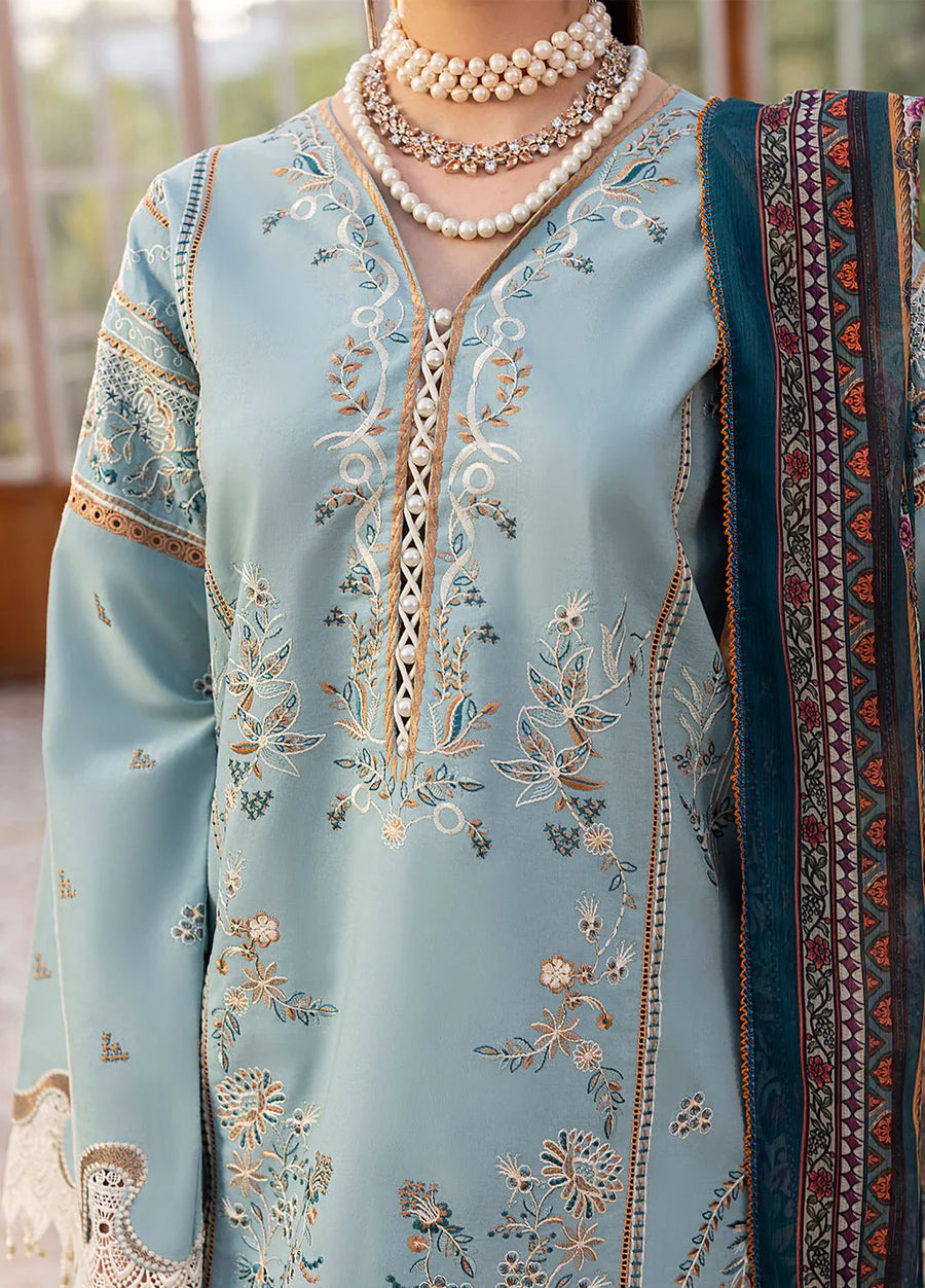 SAPPHIRE-3PC DHANAK EMBROIDERED SHIRT WITH COURTRAI PRINTED SHAWL AND TROUSER-14267