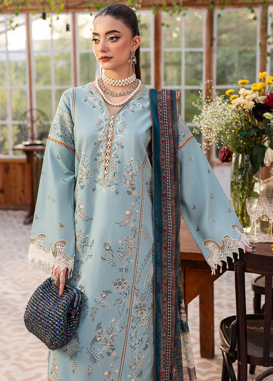 SAPPHIRE-3PC DHANAK EMBROIDERED SHIRT WITH COURTRAI PRINTED SHAWL AND TROUSER-14267