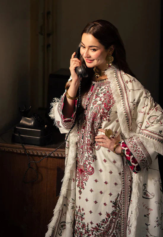 ASIM JOFA-3PC DHANAK SEQUENCE EMBROIDERED SHIRT WITH DHANAK EMBROIDERED SHAWL & DHANAK TOUSER-BIC- 14060
