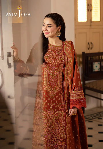ASIM JOFA-3PC KARANDI SEQUIN EMBROIDERED SHIRT WITH KARANDI EMBROIDERED SHAWL AND TROUSER -BIC-4330
