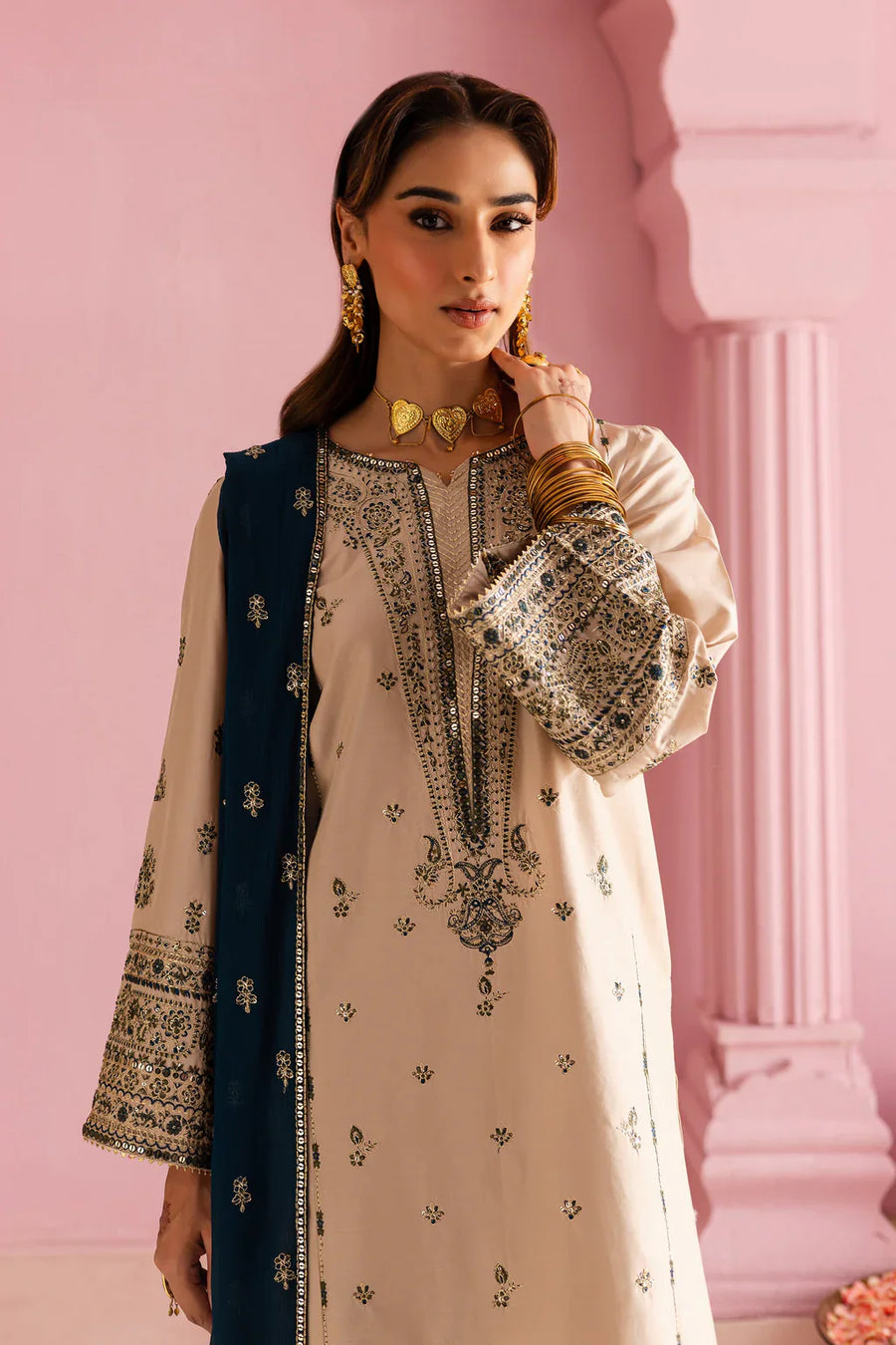 BATIK-3PC DHANAK EMBROIDERED SHIRT WITH DHANAK EMBROIDERED SHAWL & EMB TROUSER-4162