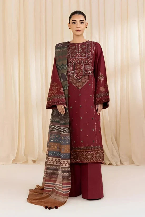 SAPPHIRE-3PC DHANAK EMBROIDERED SHIRT WITH COURTRAI PRINTED SHAWL AND TROUSER-BIC - 14065