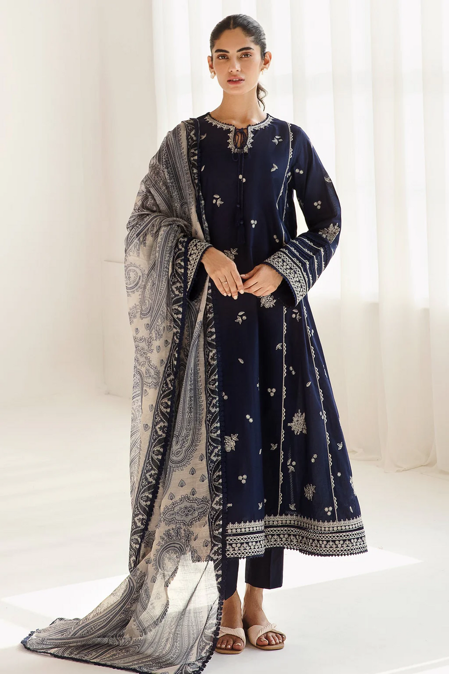 JAZMIN-3PC DHANAK SEQUENCE EMBROIDERED SHIRT WITH COUTRAI PRINTED SHAWL & DHANAK TOUSER-BIC-14182