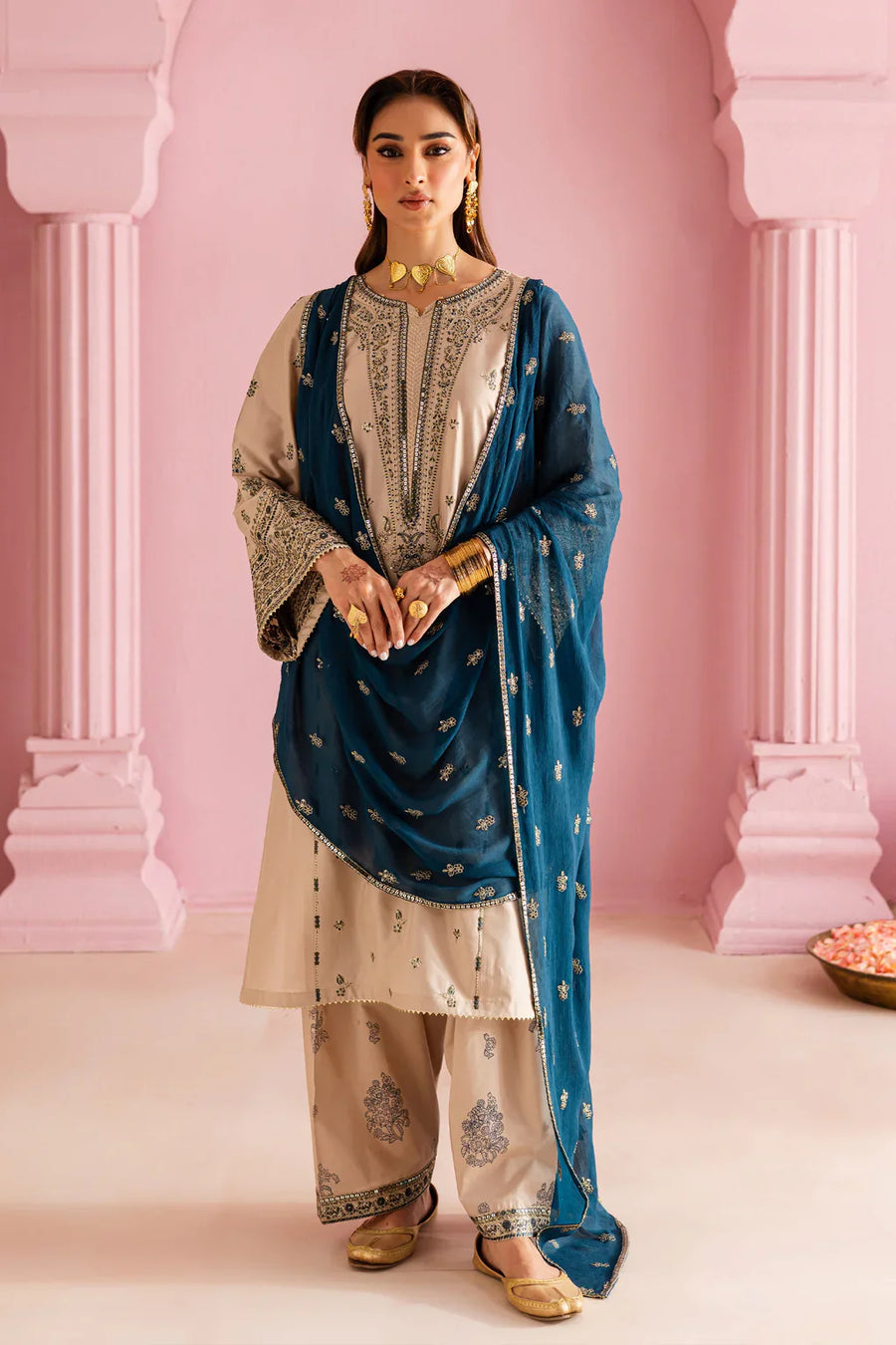 BATIK-3PC DHANAK EMBROIDERED SHIRT WITH DHANAK EMBROIDERED SHAWL & EMB TROUSER-4162