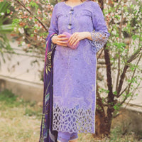 MUSHQ-3PC DHANAK EMBROIDERED SHIRT WITH COURTRAI PRINTED SHAWL & TROUSER - 14070