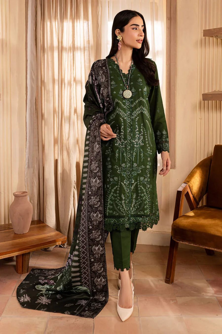 NUREH-3PC DHANAK EMBROIDERED SHIRT WITH COURTRAI PRINTED SHAWL & TROUSER-BIC-14324