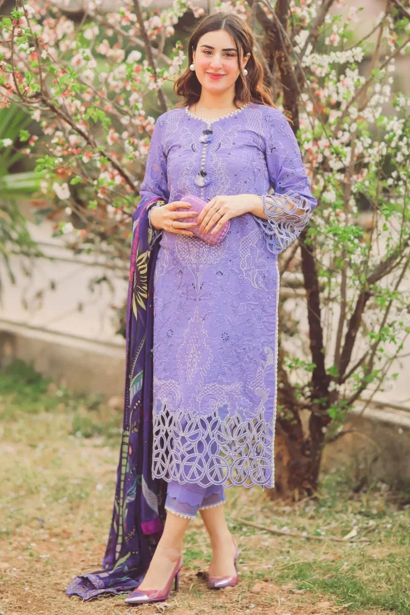MUSHQ-3PC DHANAK EMBROIDERED SHIRT WITH COURTRAI PRINTED SHAWL & TROUSER - 14070