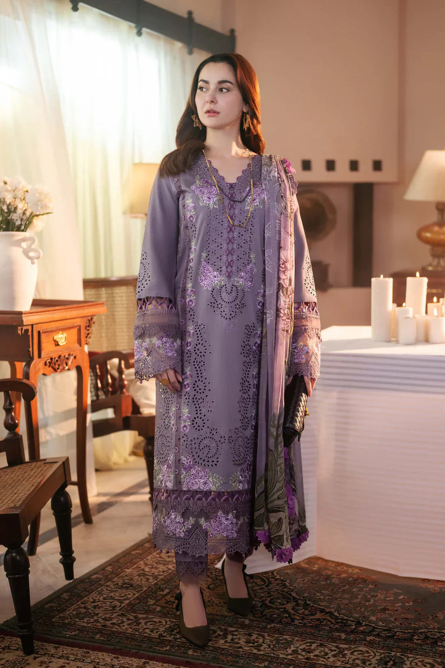 JADE-3PC DHANAK CHIKAN EMBROIDERED SHIRT WITH COURTRAI PRINTED SHAWL AND TROUSER-14166
