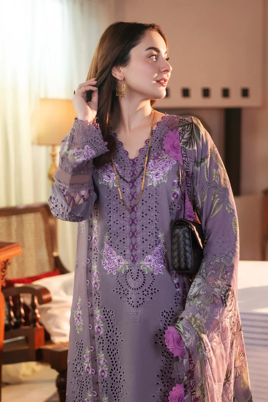 JADE-3PC DHANAK CHIKAN EMBROIDERED SHIRT WITH COURTRAI PRINTED SHAWL AND TROUSER-14166