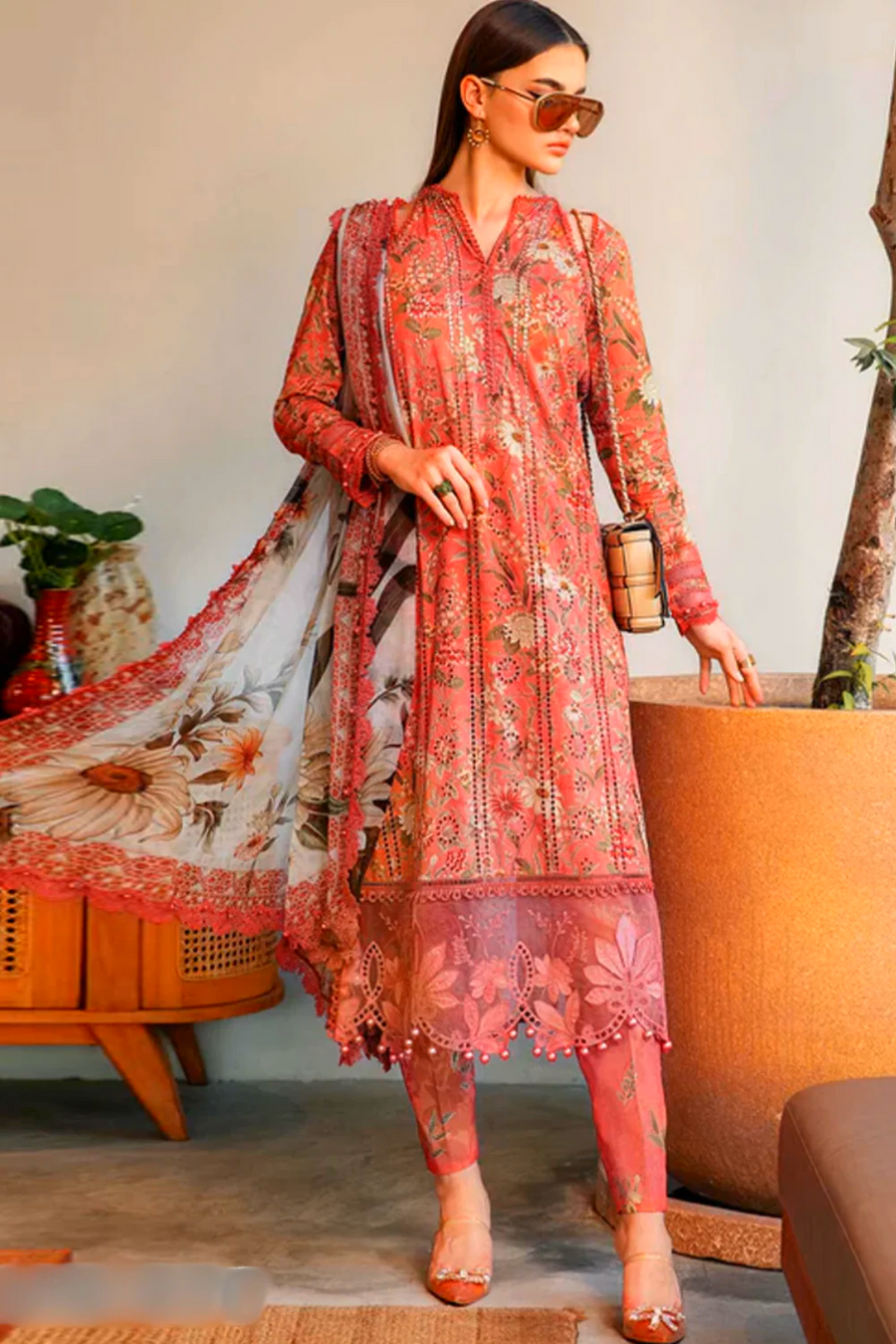 MARIA.B-3PC LAWN PRINTED SHIRT WITH CHIFFON PRINT DUPATTA AND PRINT TROUSER-BIC-2505