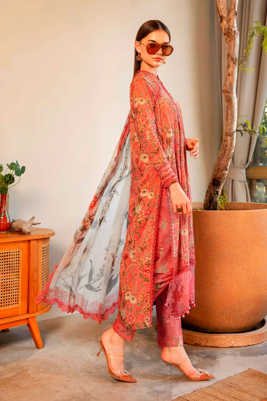 MARIA.B-3PC LAWN PRINTED SHIRT WITH CHIFFON PRINT DUPATTA AND PRINT TROUSER-BIC-2505