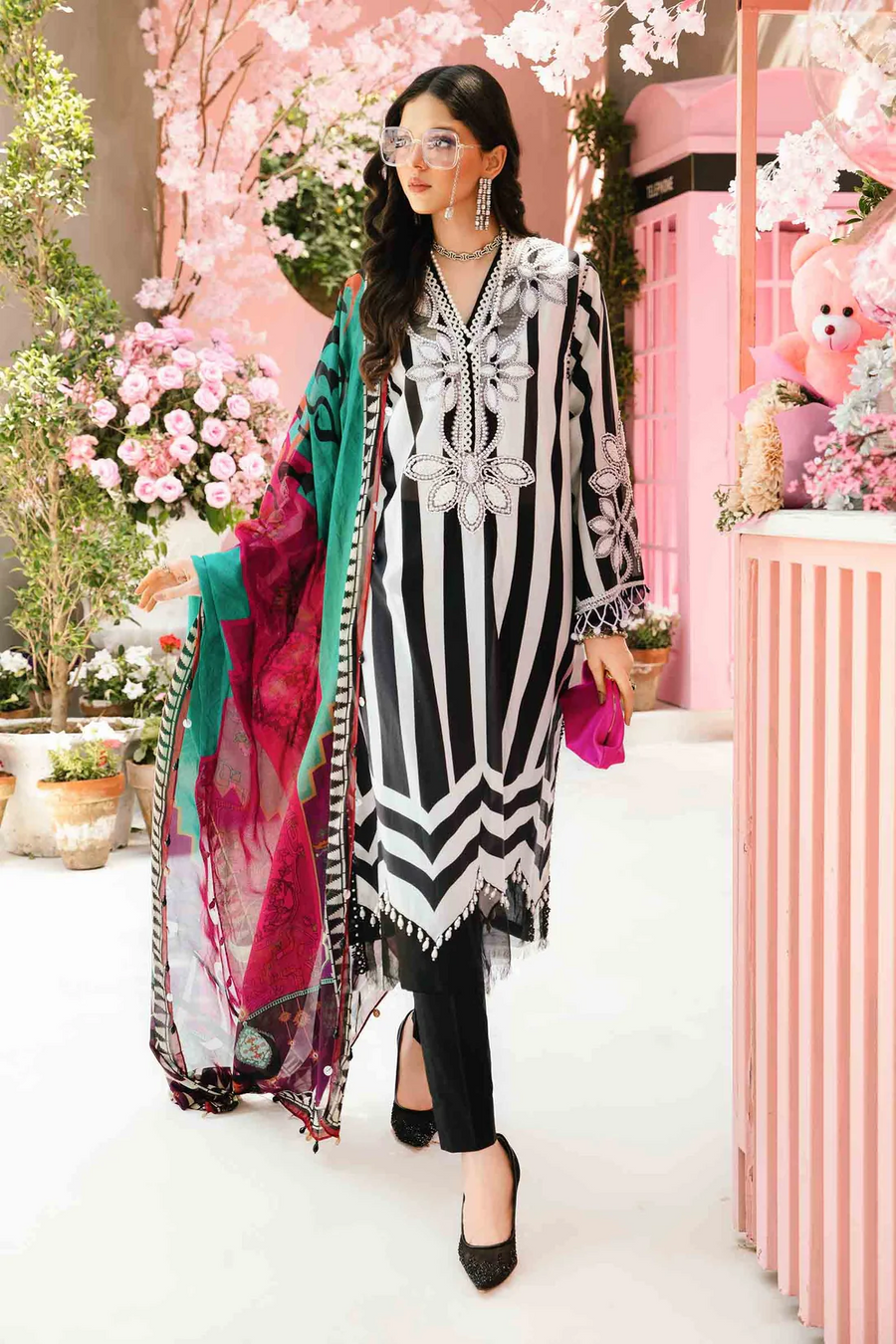 MARIA.B-3PC LAWN EMBROIDERED PRINTED SHIRT WITH CHIFFON PRINT DUPATTA AND PRINT TROUSER-BIC-2525
