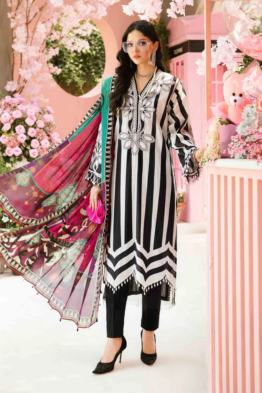 MARIA.B-3PC LAWN EMBROIDERED PRINTED SHIRT WITH CHIFFON PRINT DUPATTA AND PRINT TROUSER-BIC-2525