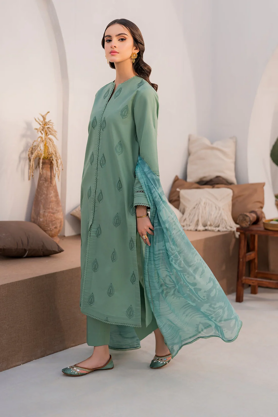 HANA- 3PC UNSTITCHED LAWN EMBROIDERED SHIRT WITH MONARK PRINT DUPATTA AND TROUSER-2867