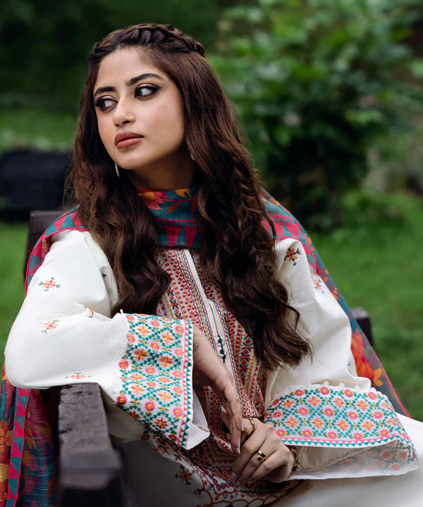 SAPPHIRE- 3PC DHANAK EMBROIDERED SHIRT WITH WOOL PRINT SHAWL AND TROUSER - 4006