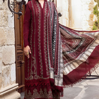 MARIA B - 3PC DHANAK EMBROIDERED SHIRT WITH COUTURE WOOL PRINT SHAWL AND DHANAK TROUSER-14043