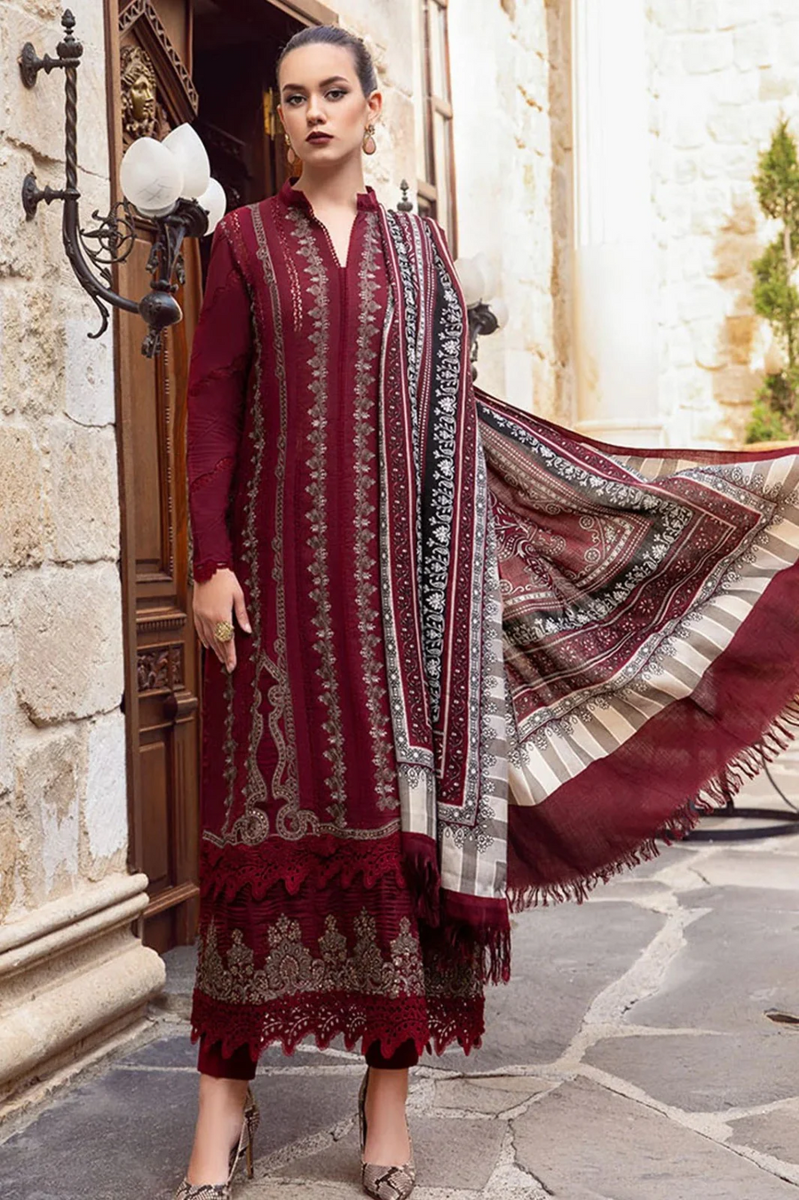 MARIA B - 3PC DHANAK EMBROIDERED SHIRT WITH COUTURE WOOL PRINT SHAWL AND DHANAK TROUSER-14043